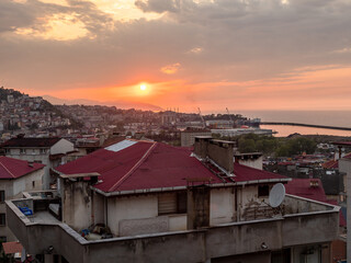 setting sun over of Trabzon city in spring evening