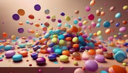 round candies of different colors scattered on the table and flying all over the photo on a bright background
