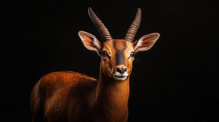 Fototapeta premium Critically Endangered Saola Full Shot, Sleek Body Against Black Background, Distinctive Features Highlighted