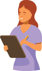 Female nurse taking notes on clipboard smiling wearing scrubs