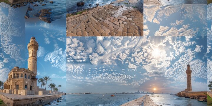 Equirectangular photograph of The Lighthouse of Alexandria with UHD curvature and 16K resolution, captured in raw style for high detail.