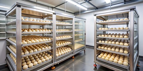 Rows of translucent incubators line a sterile laboratory, filled with eggs in various stages of hatching, surrounded by humidity controls and monitoring equipment.