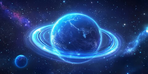 Obraz premium A mysterious blue planet surrounded by glowing energy rings, radiating light into the dark, vast expanse of space, stars twinkling in the distance