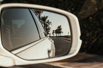 Reflection of a scenic road with palm trees in car side mirror with coastal drive vibes
