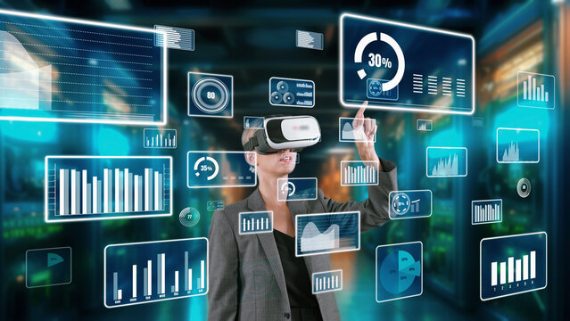 Woman selecting big data dynamic market percentage analysis graph by VR future global innovation interface digital infographic network technology visual hologram animation at server room. Contraption.