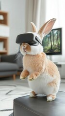 A playful rabbit wearing virtual reality goggles, immersed in a digital adventure in a cozy living room setting.