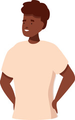 Young black man is standing with his hands on his hips, looking to the side with a thoughtful expression