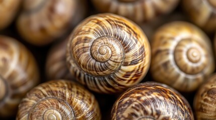 A close-up image showcasing a collection of multiple brown and beige snail shells, highlighting the beautiful natural patterns and the concept of nature's artistry and simplicity.
