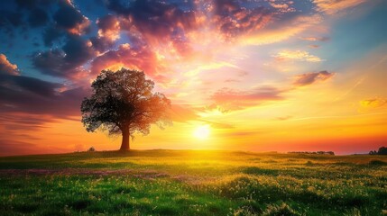 Fototapeta premium Sunrise Over a Field With a Lone Tree