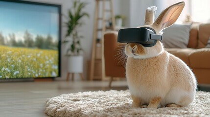 A rabbit wearing virtual reality goggles sits on a rug, exploring a vivid digital world while a TV displays a sunny landscape.