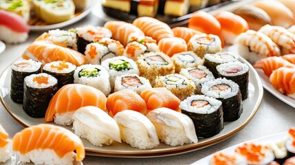 A beautifully arranged platter showcases a variety of sushi and sashimi, highlighting fresh colors and textures in an elegant presentation with soft shadows and cinematic lighting