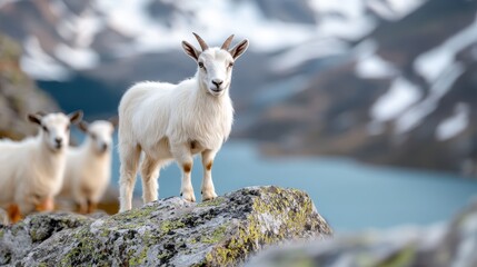 Fototapeta premium A group of white mountain goats is captured standing majestically on a rocky cliff, with a stunning mountainous landscape and a body of water in the background.