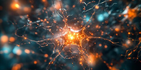 Dynamic close-up of a neural network with bright, pulsating connections, expanding outward in a complex pattern of light and data