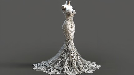A white, strapless, mermaid silhouette evening gown with floral lace and beading on a mannequin.