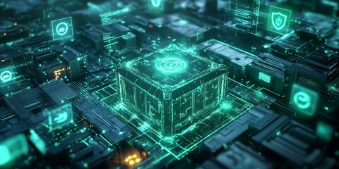 Fototapeta premium Encrypted data vault with glowing green and blue lights, surrounded by floating security icons in a dark, futuristic digital landscape