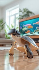 Naklejka na ściany i meble A turtle wearing virtual reality goggles explores a vibrant aquatic scene in a cozy living space.