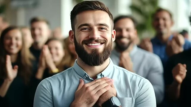 A jubilant team stands to applaud a colleague's achievement, radiating joy and pride.