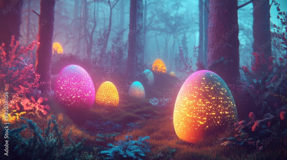 Sticker A magical forest scene with glowing neon Easter eggs scattered throughout the misty woods. The eggs symbolize rebirth, hope, and the magic of nature.