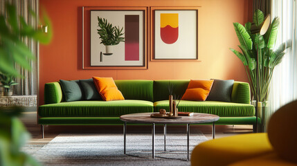 Vibrant living room interior featuring green sofa, abstract art, and lush plants in a cozy, well-lit setting