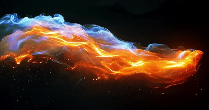 Abstract smooth orange fire and blue waves slowly moving from left to right side with particles on background