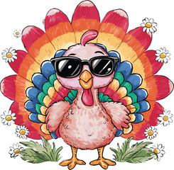 Cute Turkey with Sunglasses and Boho Rainbow Feathers Illustration on Black Background