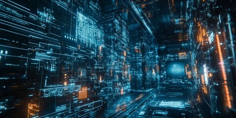 Cyber security hub, filled with glowing holographic security protocols, surrounded by complex digital data streams and encryption codes