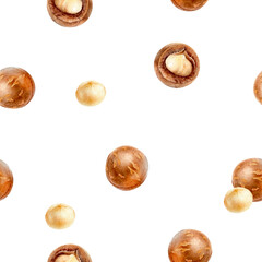 An arrangement seamless watercolor pattern of macadamia nuts, white background
