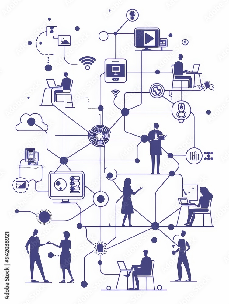 Wall mural A minimalist illustration depicting a network of connected ideas, symbolizing collaboration, innovation, teamwork, communication, and interconnectedness.