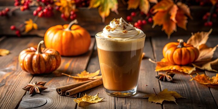 Pumpkin spice latte with whipped cream against a backdrop of autumn leaves and pumpkins. Concept autumn drinks, Halloween and Thanksgiving
