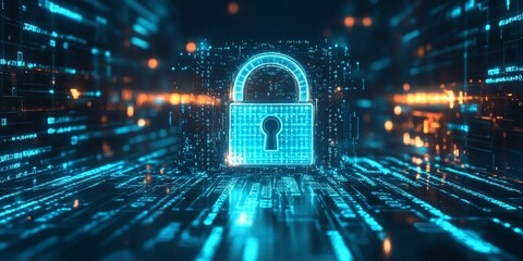 Digital lock glowing in neon blue, surrounded by binary code streams, representing a secure cyber system in a futuristic, tech-driven world