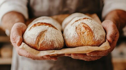 An inviting close-up image of freshly baked rustic bread, flour-dusted and golden brown, being held by a baker's hands, reflecting craftsmanship and culinary art.
