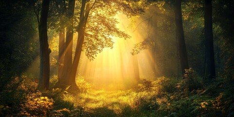 Fototapeta premium Peaceful sanctuary in the middle of a forest, glowing soft light filters through the trees, symbolizing a calm and safe zone amidst nature