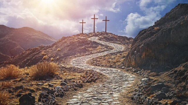 The Desolate Hill of Golgotha: A Barren, Rocky Mountain with Three Solemn Crosses Silhouetted Against a Dramatic Sky, Evoking the Sacred and Atmosphere of the Crucifixion