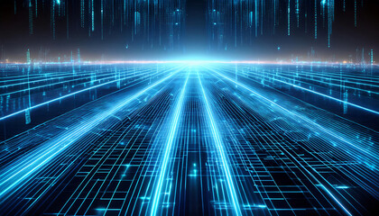 A futuristic digital grid with glowing lines converging into the distance