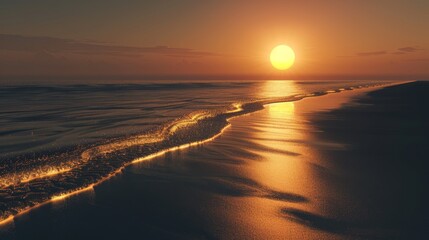 Naklejka premium Serene Sunset Beach Photograph: Golden Sun Setting Over Dark Ocean with Black Sand and Calm Waters in a Photorealistic Style