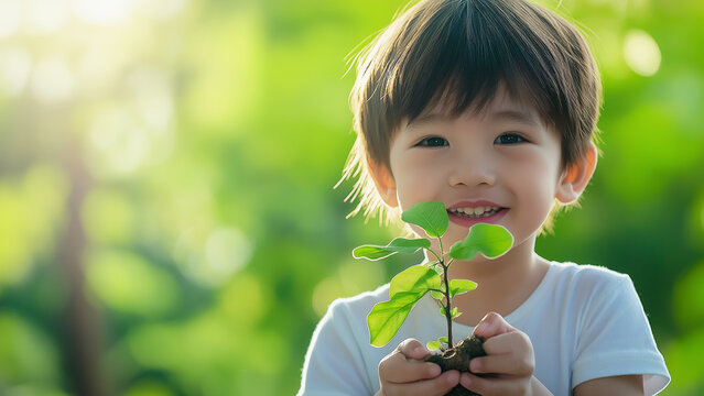 Happy child carefully holding a young tree sapling on a blurred natural green background symbolizing growth and connection with nature