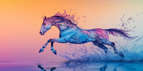 Water splash in the shape of a running horse, droplets forming the mane and tail, frozen mid-gallop against a gradient backdrop