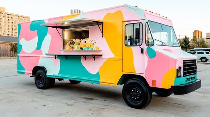 Obraz premium Colorful food truck with hand-painted murals, serving street food, artsy vibe, urban culture