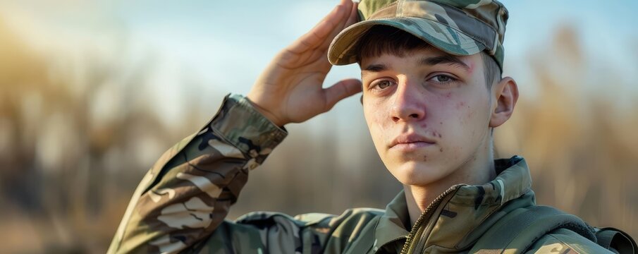 Young military cadet saluting in a picturesque open field.