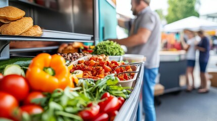 Food truck at a farmers market, serving fresh, locally sourced dishes, farm fresh, community vibes