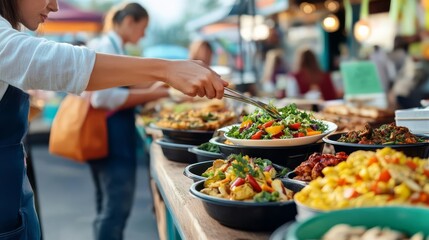 Food truck at a farmers market, serving fresh, locally sourced dishes, farm fresh, community vibes