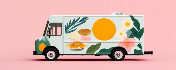 Food truck serving breakfast all day, with a cheerful, sunny design, morning vibes, comfort food