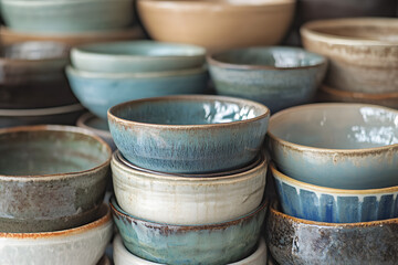a collection of ceramic mixing bowls in varying sizes, stacked together in a nesting pattern, each with a unique glaze