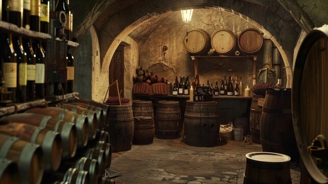 Cinematic Image: 18mm Wide Shot of One Man in Winegrower's Cellar, Animated Universe, Ultra-Realistic, Detailed Film Shot
