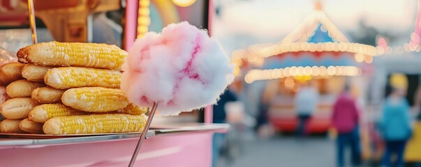 Food truck with a carnival theme, serving funfair food like cotton candy and corndogs, playful vibe, family fun