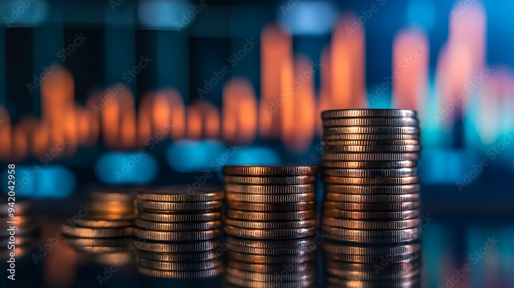 Poster stacked coins overlaying a financial data graph in the background providing copy space for text or o