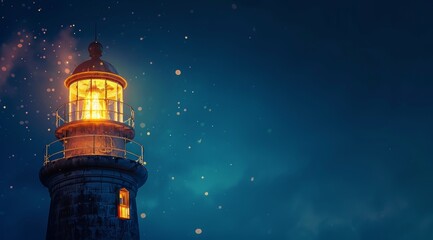 Lighthouse in Evening Night Sky: Daniel Dethier Style, Light-White and Blue, Selective Focus, Nautical Detail, Cosmic Inspiration