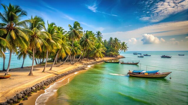 Sandy shoreline stretches towards the horizon, lined with swaying palm trees and boats gently bobbing on shimmering turquoise waters, Kochi's serene coastal scene.