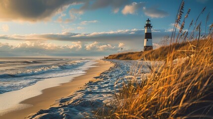 Ultra High-Resolution Close-Up of Bodie Island Lighthouse: Dunes with Sea Grass, Natural Lighting, Fujifilm GFX100s, 16:9 Aspect Ratio
