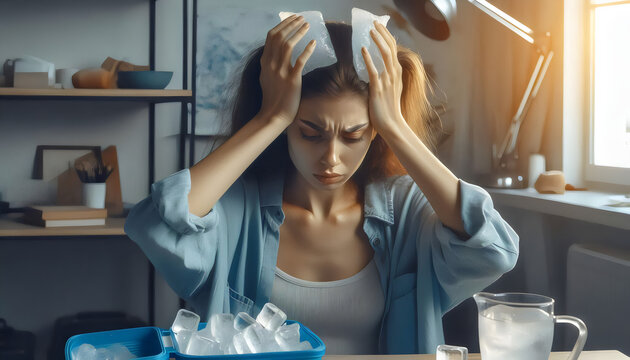 Mujer Aliviando Dolores de Cabeza con Compresa de Gel Fr&iacute;o: Cuidado y Bienestar Personal